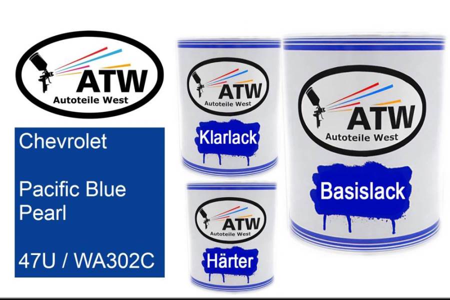 Chevrolet, Pacific Blue Pearl, 47U / WA302C: 1L Lackdose + 1L Klarlack + 500ml Härter - Set, von ATW Autoteile West.